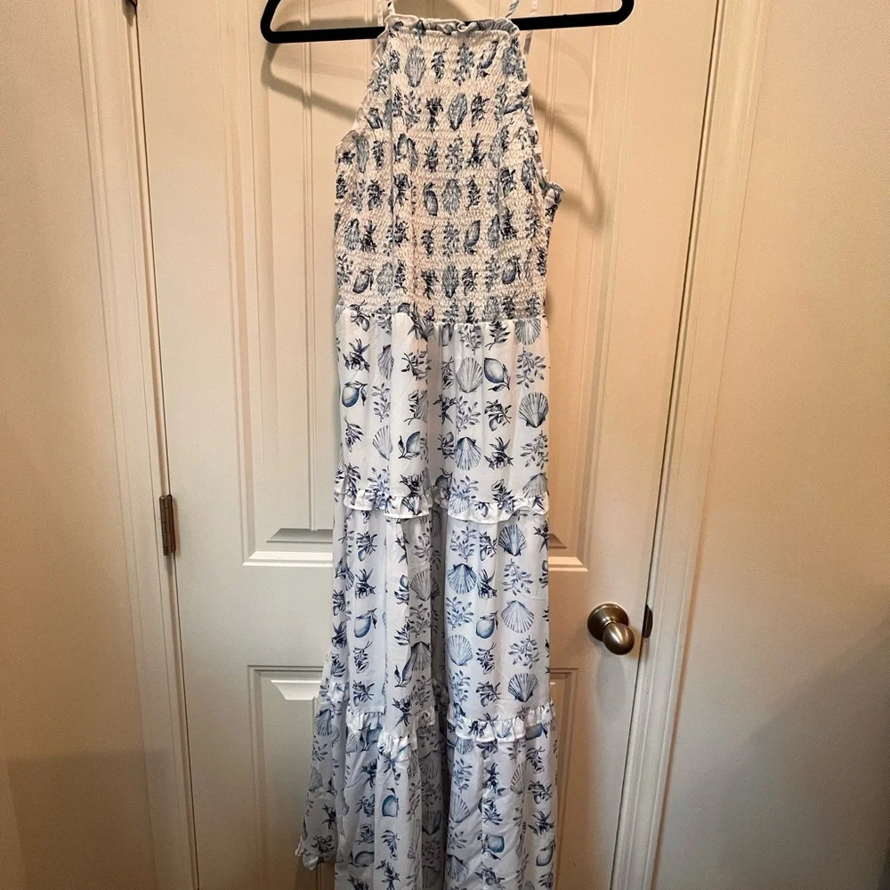 Ann Taylor XS White Blue Seashell Beach‎ Sleeveless Tiered Maxi Dress Women’s